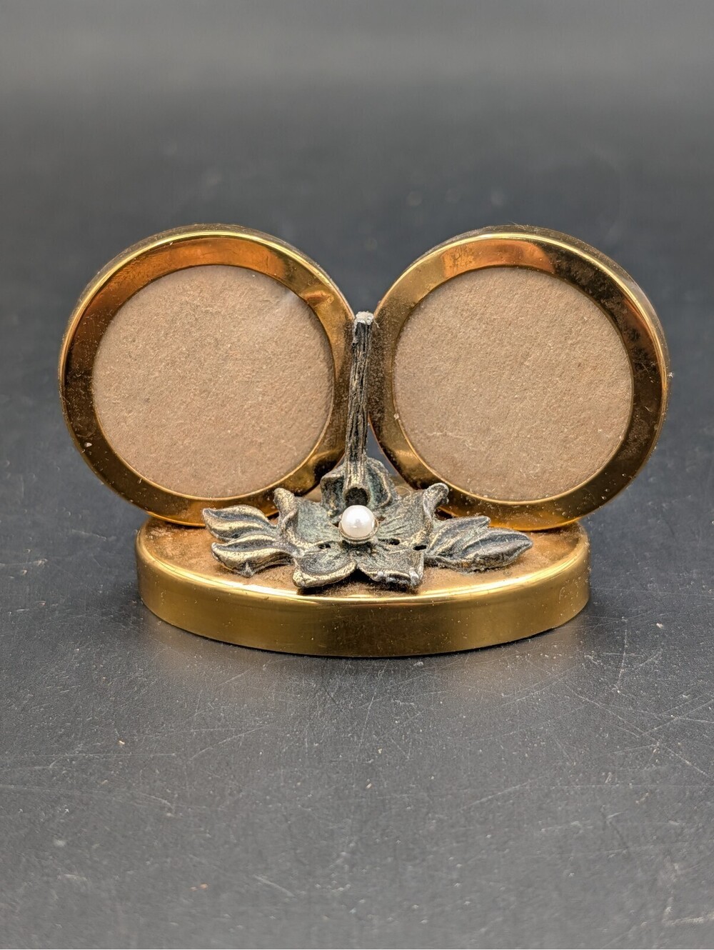 Vintage Mini Double Picture Frame Gold Tone Brass Floral Faux Pearl Oval Frame
